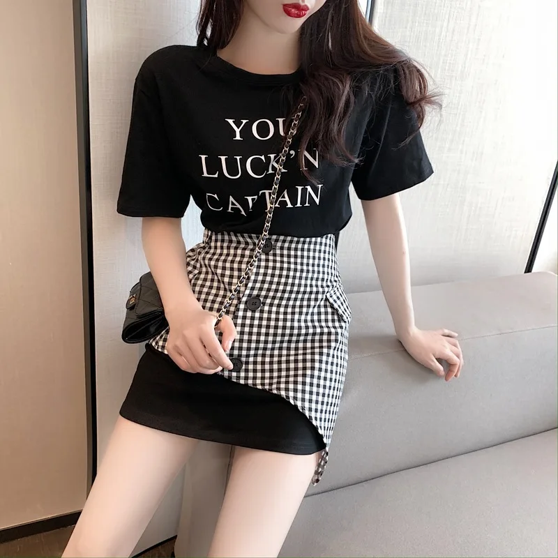 

Make firm offers printed letters T-shirt dress carefully machine plaid skirt