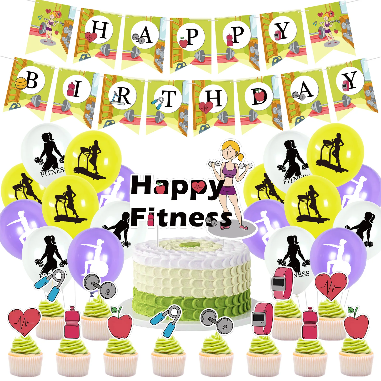 

Gym Themed Birthday Party Decorations for Women Girl Happy Fitness Cake Topper Balloons Set Weight Lifting Banner Party Supplies