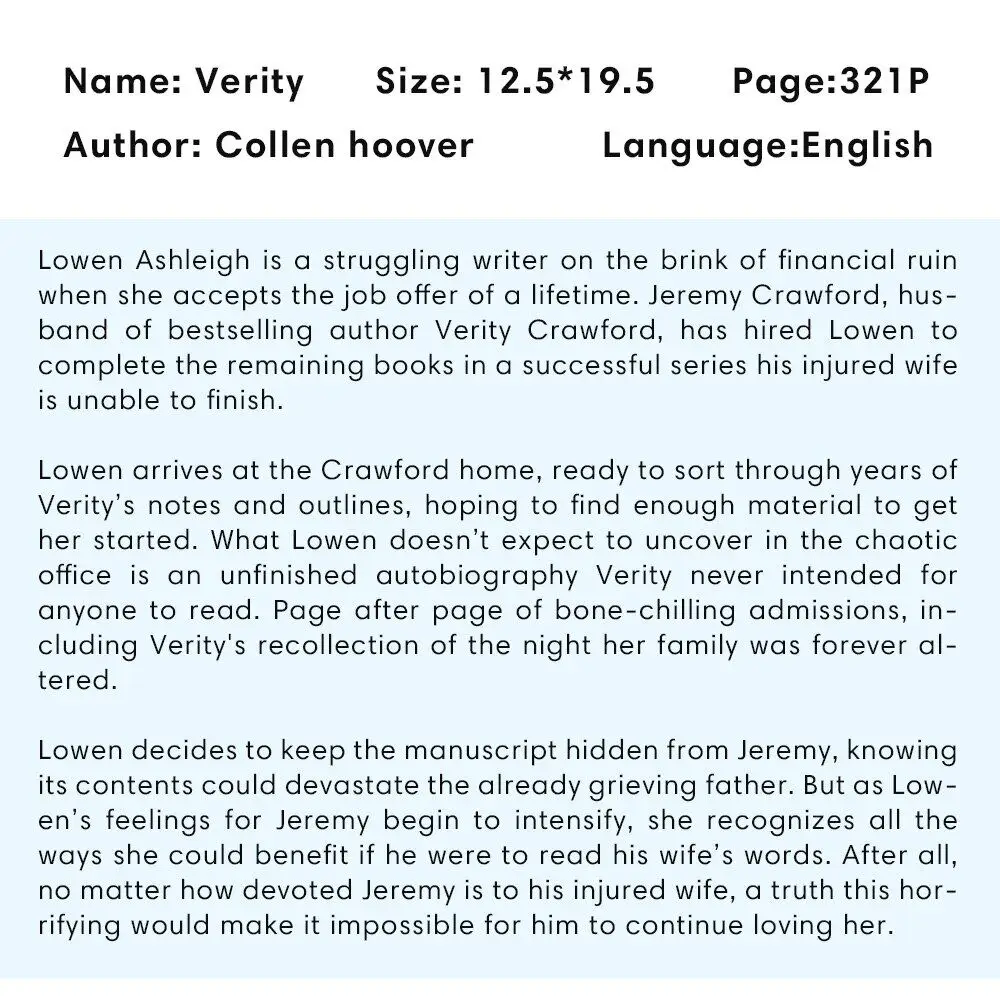 Verity от Colleen Hoover психологические престолы Романтический подвешенный Новый книга