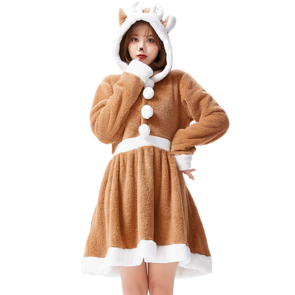 

Christmas Cute Homewear Reindeer Dress for Adult Women Cosplay Deer Plush Costume Khaki Elk Personality Loose Pajamas