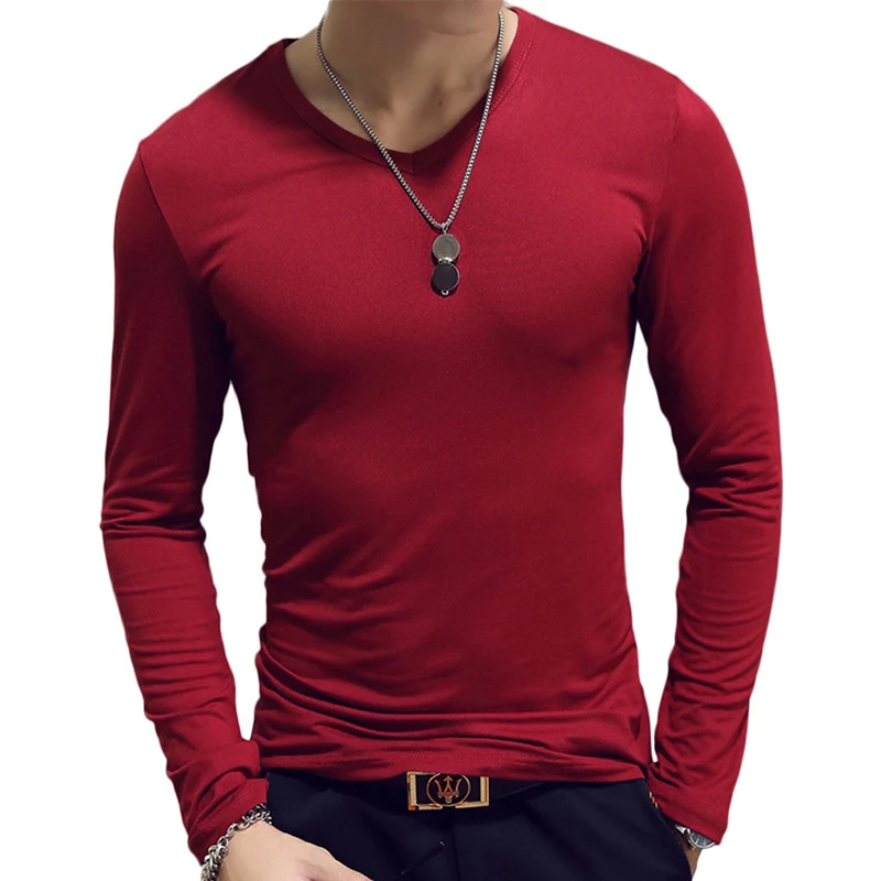 

B8919 O-Neck V-Neck Long Sleeve Men T-Shirt Solid Color Milk silk T-Shirts Man Clothing All-match Slim top