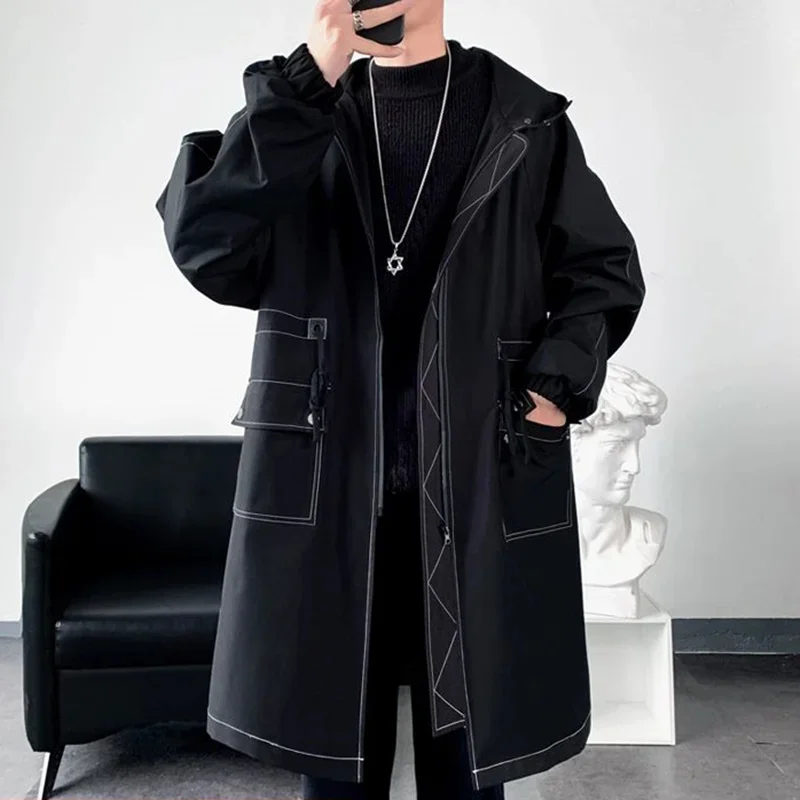 

Повседневный свободный черный длинный тренчкот армейского зеленого цвета для мужчин, пальто, осенняя корейская мода, комбинезон с капюшоном, Ветровка женская, 7XL