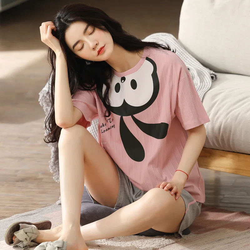 New Sleepwear Cartoon Cotton Pajamas for Women Short Pants Short Sleeved Summer Pajamas Set Fashion Home Clothing Homewear