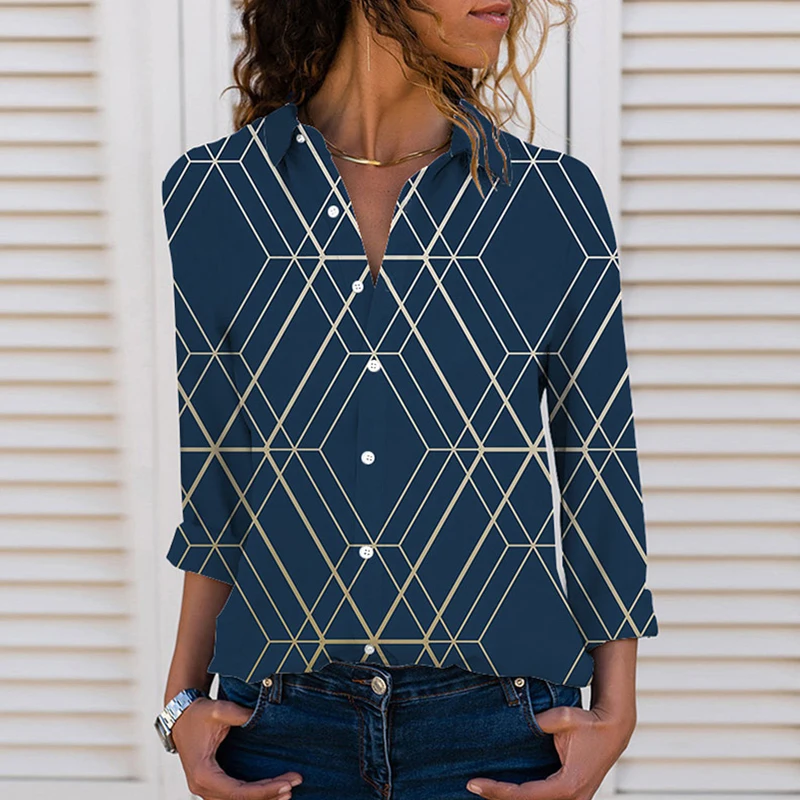 

New Autumn Women Harajuku Shirts Long Sleeve Lapel 3D Printed Geometric Pattern Streewear Tops Female Casual Shirt Clothing