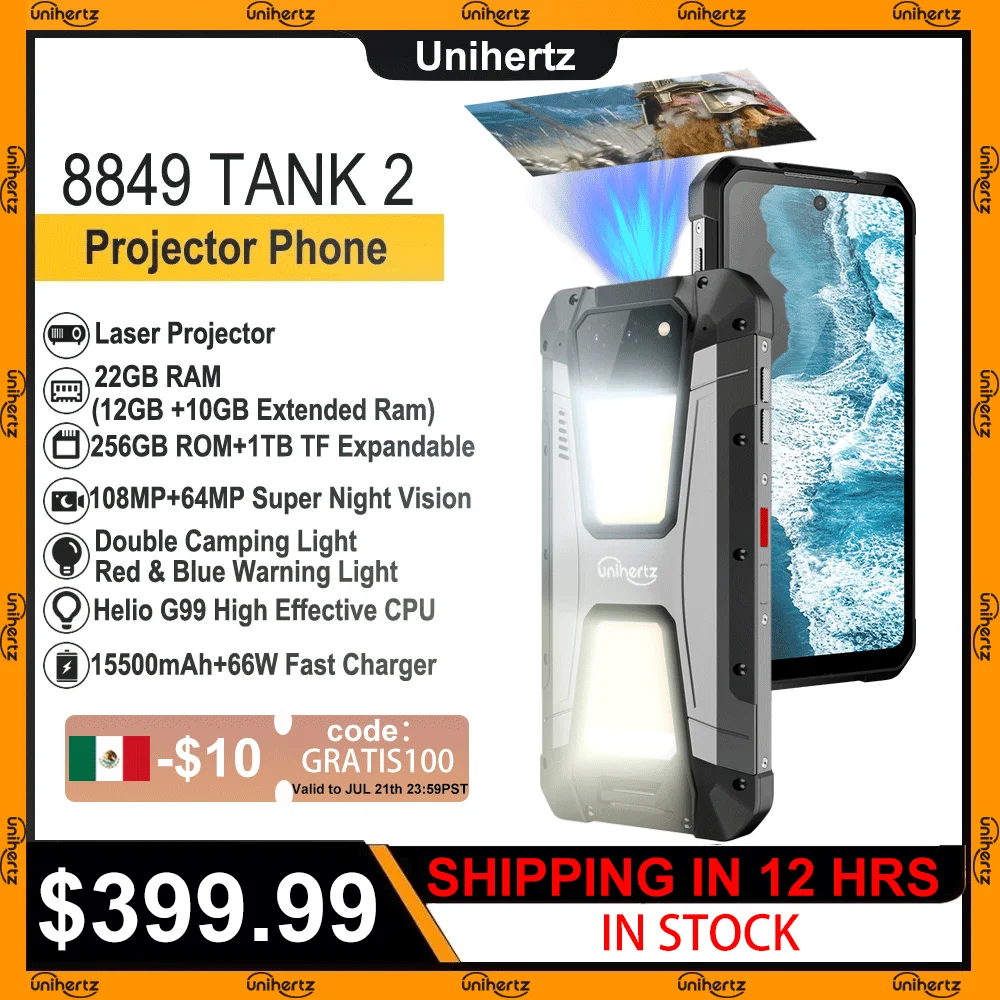Unihertz 8849 tank 2 projector powered smartphone 22GB 256GB camping light cellphones 108mp G99 64MP night vision mobile phones