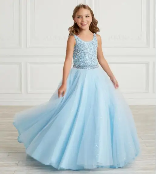 

Sky Blue Girls Pageant Dresses A-line Spaghetti Straps Tulle Beaded Long Flower Girl Dresses For Weddings Little Baby Kids Tutu