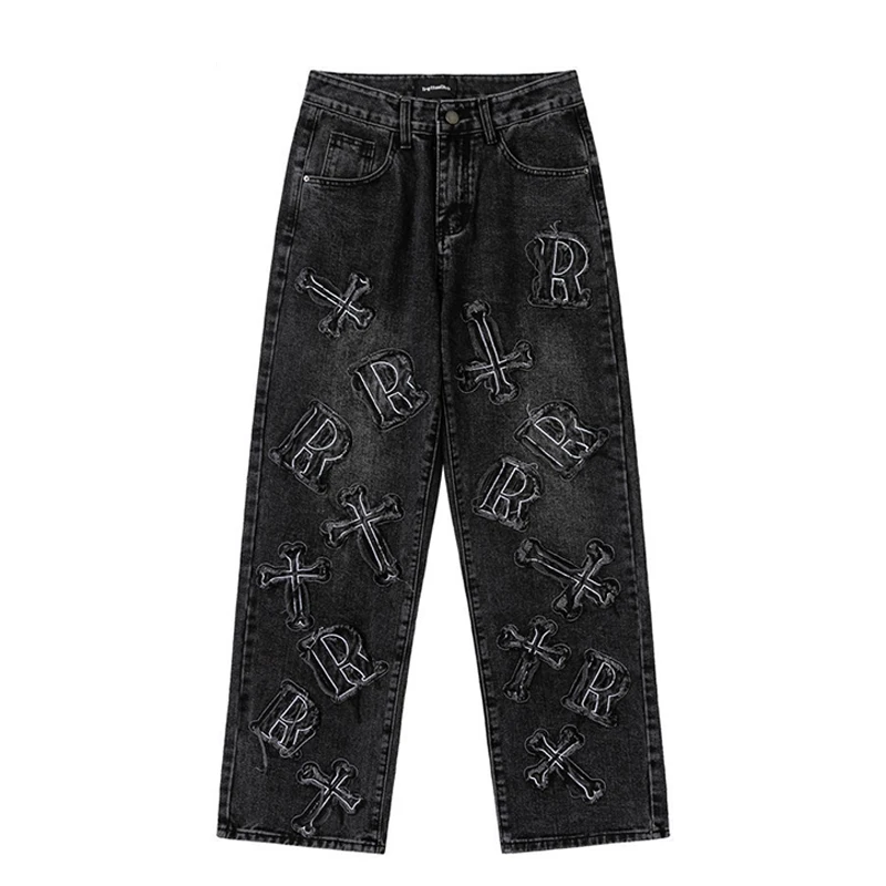 Cross Patch Embroidery Denim Jeans Men Y2k Streetwear Patchwork Hip Hop Oversize Straight Leg Casual Pants Cotton Trousers Male