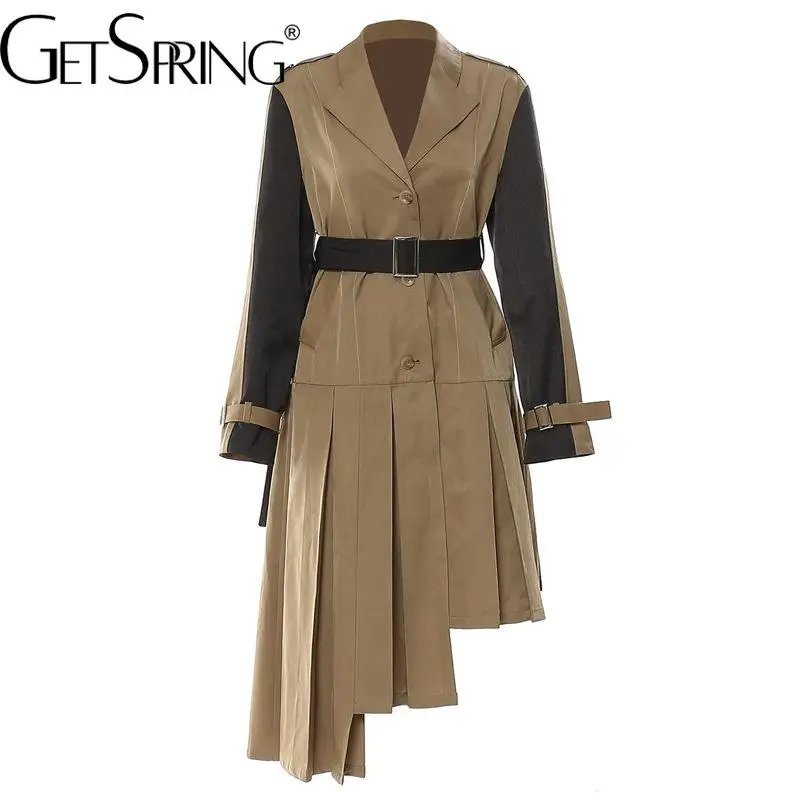 

Тренчкот GetSpring для женщин, однобортный женский плащ в стиле пэчворк, ветровка с асимметричным подолом и поясом, длинное женское пальто на ос...