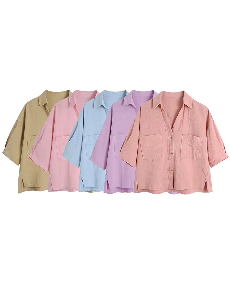 

Женская укороченная блузка PB & ZA, винтажная рубашка с коротким рукавом и карманами, украшенная деревянной пряжкой, 2022