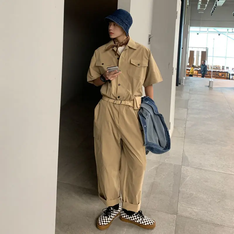 

Short Sleeve Button Up Long Jumpsuit with Belt Bag Fit Women Man Summer Romper Overalls Solid Khaki Black One Piece Outfit Loose