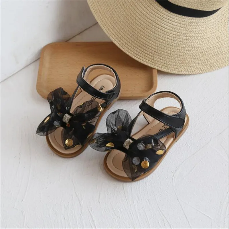 

Сандалии для девочек, летняя пляжная обувь на мягкой подошве, повседневные сетчатые туфли принцессы в западном стиле с бантом