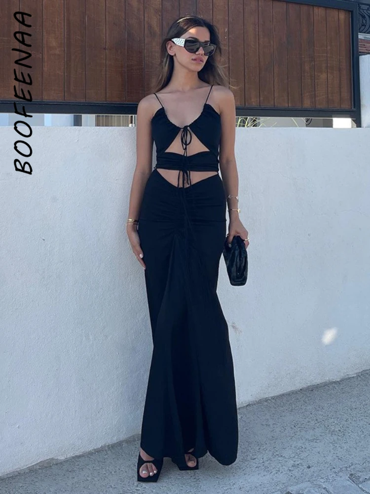 

BOOFEENAA Drawstring Hollow Out Halter Long Maxi Dress Elegant Sexy Black Dresses for Women Vacation Outfits C85-DZ24