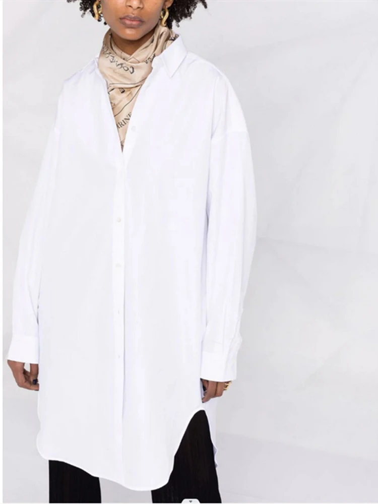 

Women's Shirt Irregular Hem Turn Down Collar Single Breasted Long Sleeve Solid Color Loose Cotton Blouse