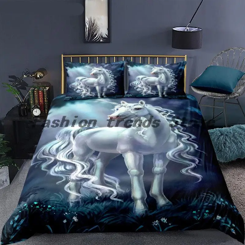 

White Horse Animal 3D Bedding Set Duvet Cover Quilt Comforter Pillowcase Bed Linens King Queen Full Size Unicorn Home Texitles