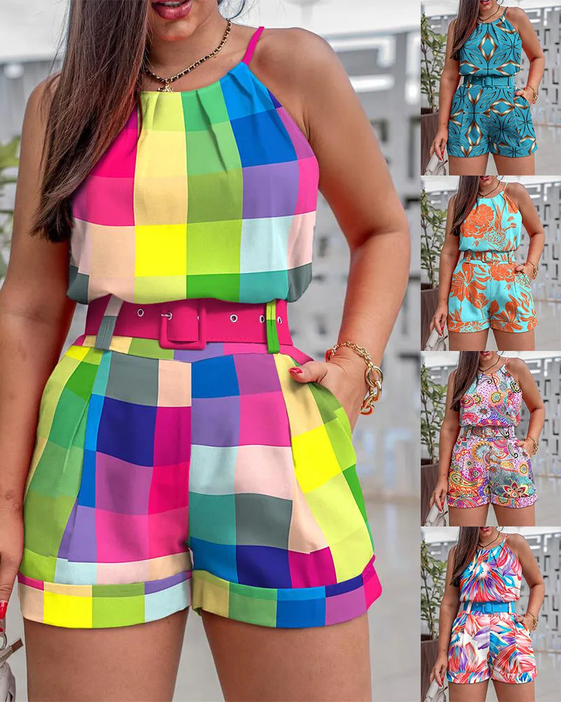 2023 Two Pieces Suit Summer Holiday Sleeveless Plaid Print Top & Pants Set Loungewear Women's Shorts Casual Outfits Femme