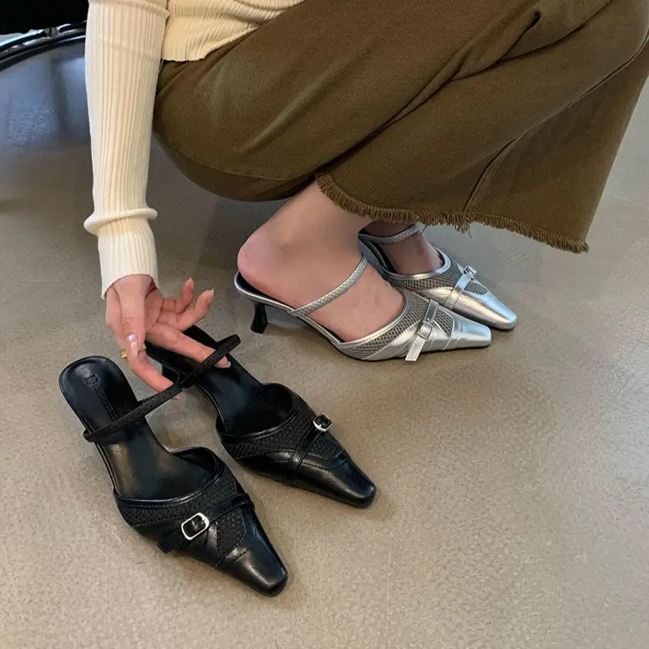 

Pointed Toe Women Slides Slippers 2023 New Arrivals Black Silver Dress Shoes Thin High Heels Party Pumps Outside Mules Shoes 39