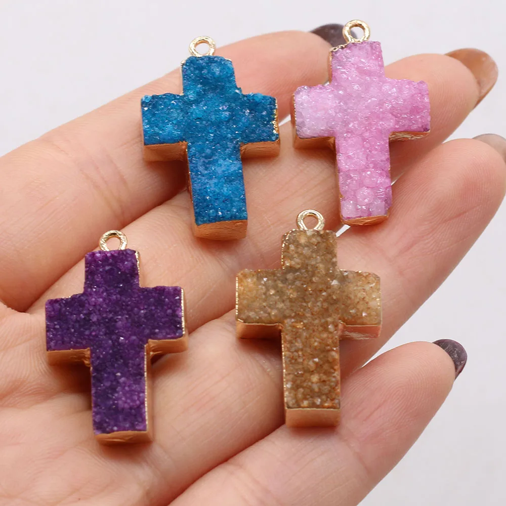 

Natural Stone Druzy Pendants Gold plated Cross Druzy Onyx for Jewelry Making Diy Women Necklace Earring Gifts