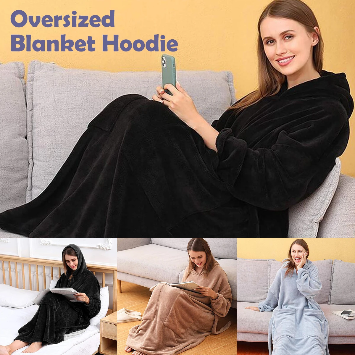 

Одеяло для ношения большого размера, толстовка, большое и теплое одеяло, толстовка с капюшоном, гигантский карман и пояс, удобное плюшевое о...