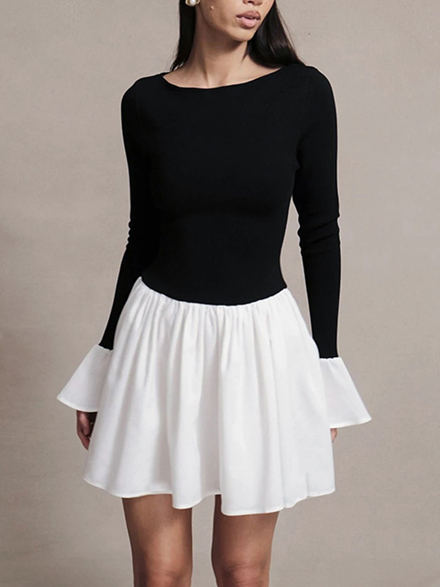 Women Autumn Short Dress Long Flared Sleeve Boat Neck Contrast Color Cocktail
