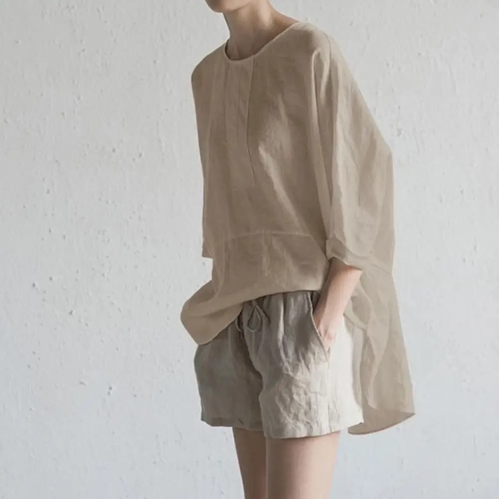 

O-neck Mid-Length Back Split Hem Summer Shirt Solid Color Half Sleeve Pullover Blouse Female Clothing