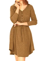 women casual solid color v neck long sleeve loose dress ladies fashion buttons drawstring waist dress