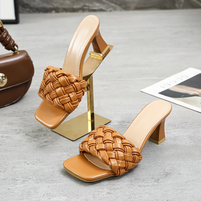 

Luxury Slides Women High Heels Mules Fetish Pumps Weave Leisure Blue Office Ladies Prom Slippers Women's Shoes plus size