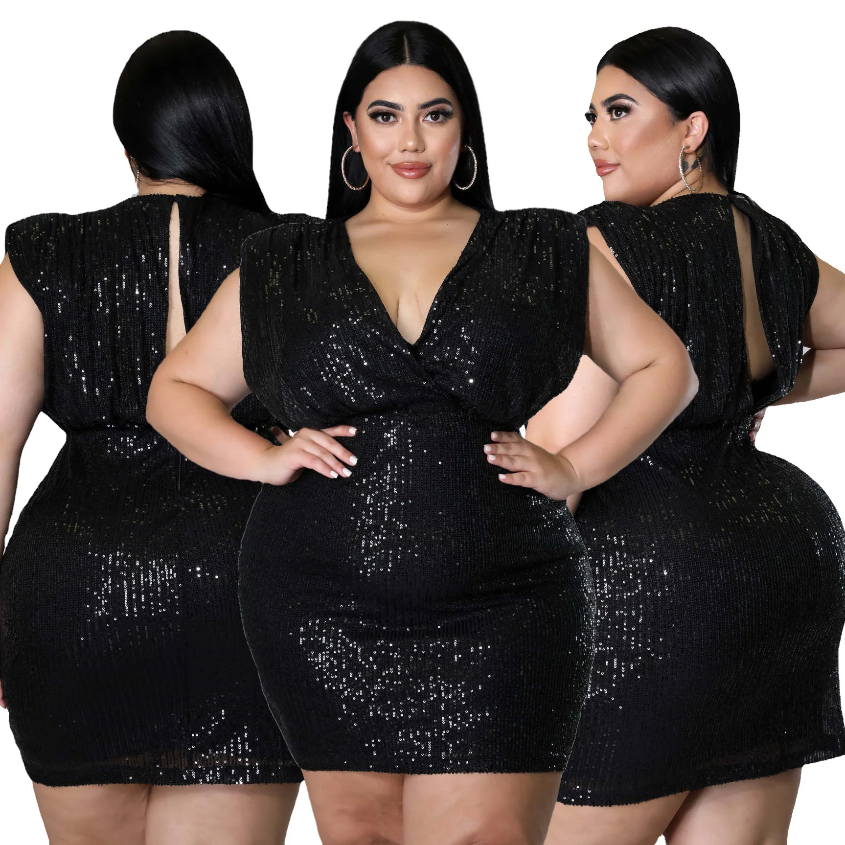Woman's Plus Size Dresses Black Beaded Sexy Deep V Sleeveless Hip Wrap Skirt Lady Evening Party Dress Large Mini Sequin Clothes