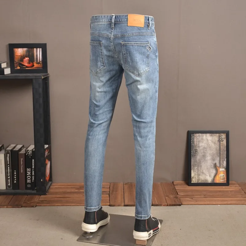 Autumn Light Blue Jeans Men Streetwear Casual Pencil Pants Korean Style Fashion Slim Fit Denim Trousers