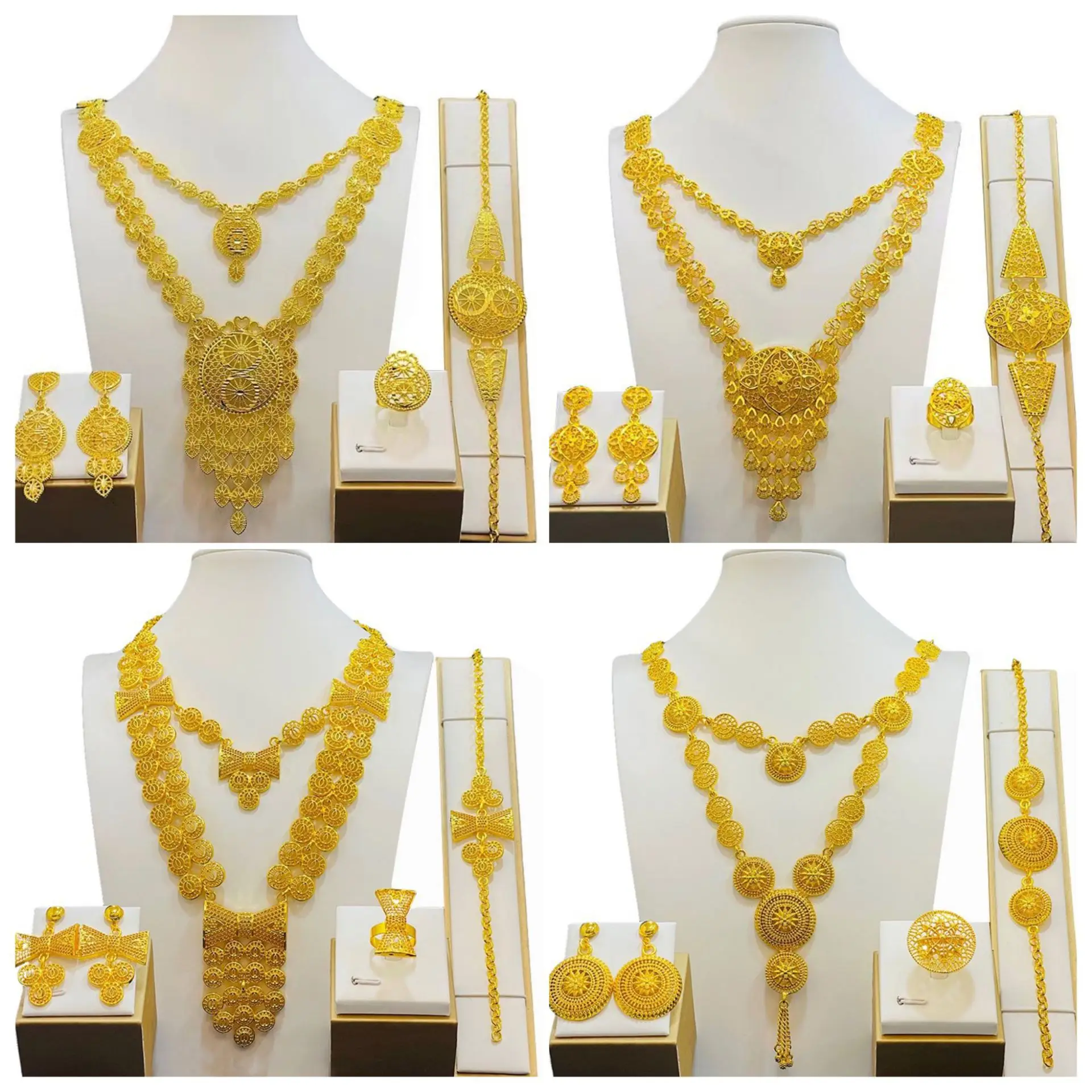 

African 24K Gold Plated Jewelry Sets Wedding Dubai Necklace Earrings For Women Nigerian Indian Bridal 4PCS Set Party Gifts