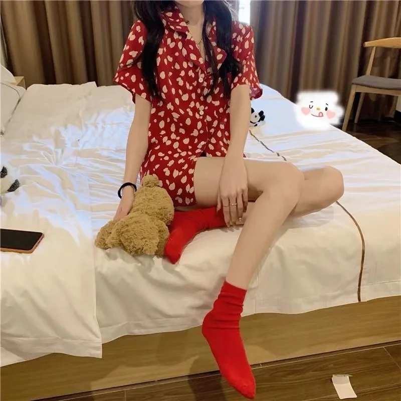 CAIYIER Red Flowers Pajama Sets Turn-down Collar Short Sleeve Sleepwear Thin Girl Kawaii Casual Nightwear Women Korean Underwear