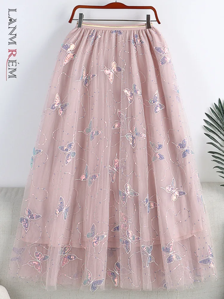 

LANMREM Butterfly-embroidered Sequined Mesh Skirt High Elastic Waist A-line Folds Femalefashion Clothing 2022 Summer 2R1725