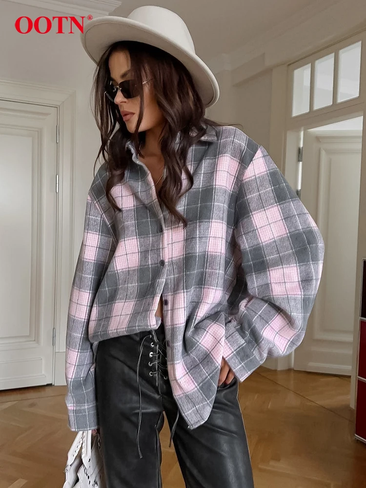

Женская офисная блузка с отложным воротником OOTN, Офисная клетчатая однобортная рубашка с отложным воротником, 2023, Осенние Топы из полиэстера с длинными рукавами