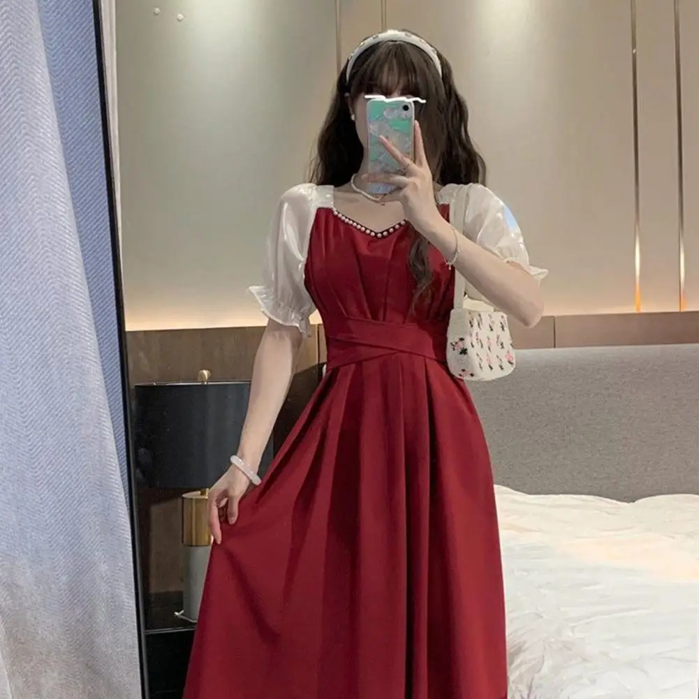 

Women Dress Square Collar Maxi Dress Splicing Color A-Line Party Dress