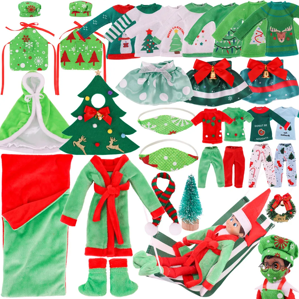 Christmas Elf Doll Clothes Green Series Sleeping Bag Pajamas Hanging Basket Dress Doll Clothes Toy Elf On Shelf Accessories