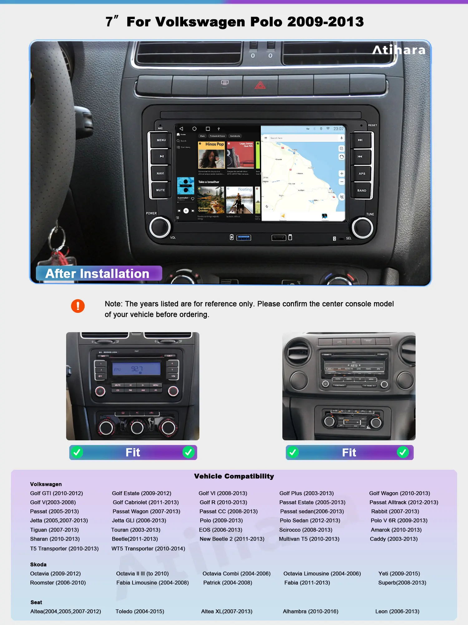 Atihara 7-дюймовый автомобильный радиоприемник Carplay Android Auto для Volkswagen Polo 2009-2013 WIFI + 4G
