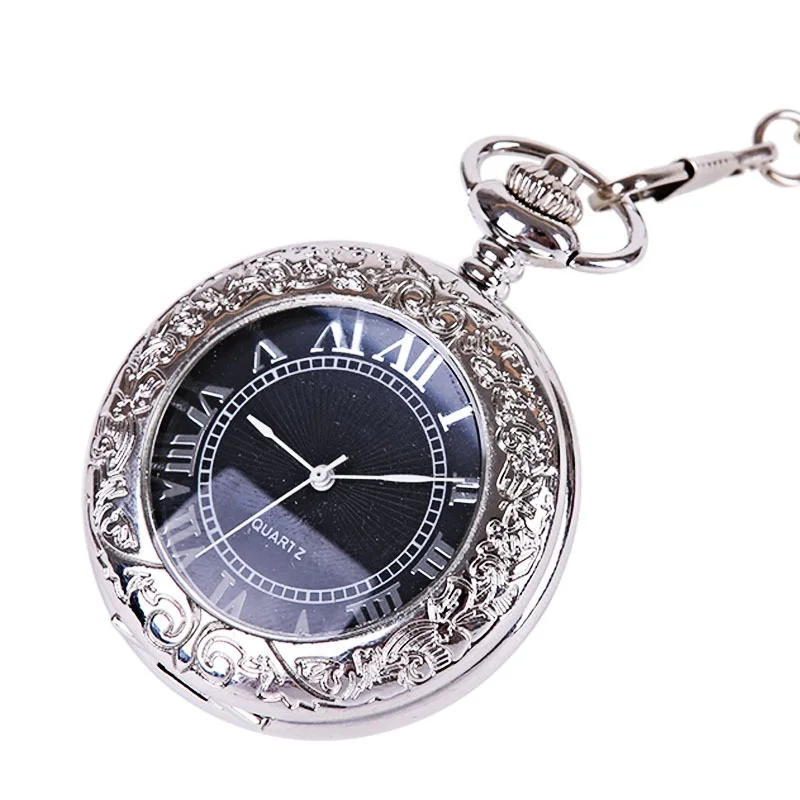 Luxury Black Mechanical Pocket Watch for Men Women Transparent Case Roman Numeral Dial Fob Chain Pendant Clock for Collection