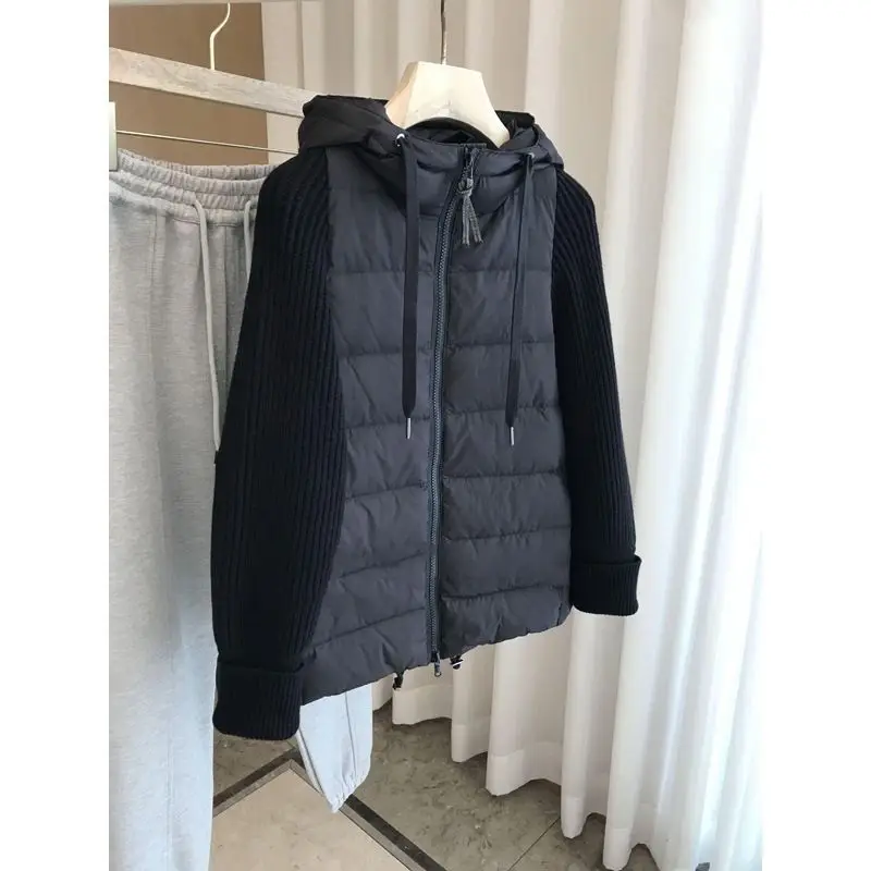 S-5XL High Quality Autumn and Winter Women's Knit Down Long Sleeve Coat Warm Hooded Drawstring Jacket