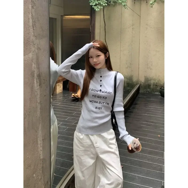 American High End Vintage Autumn Winter Pullovers Y2k Aesthetic Streetwear Harajuku Letter Print Sweaters Gray Base Girl Clothes