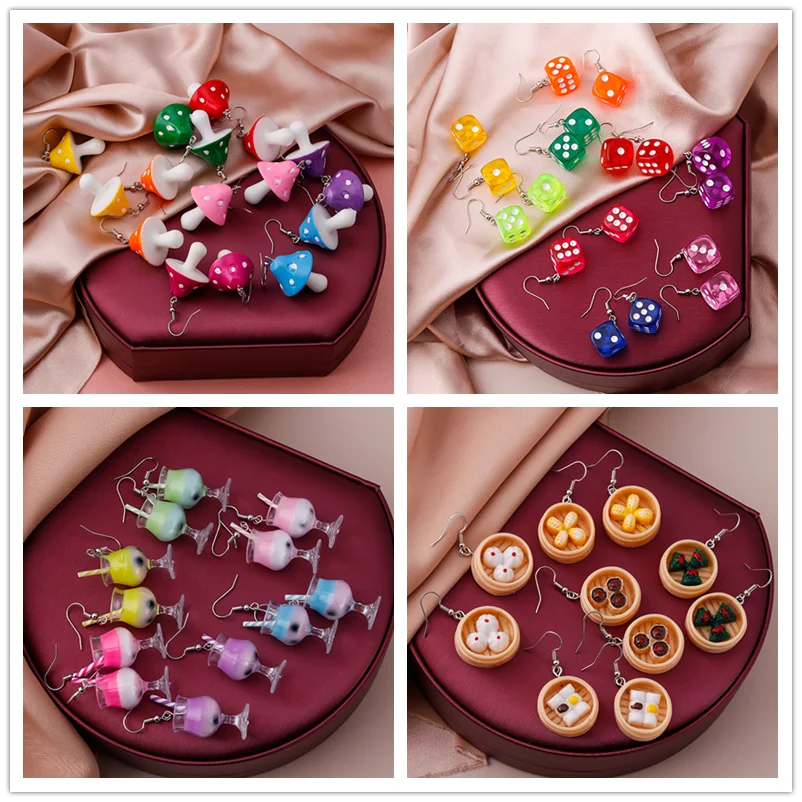 

Hot Sale Creative Cartoon Candy Color Dice Mushroom Dessert Ice Cream Earrings for Women Jewelry Pendant Dangle Earrings Jewelry