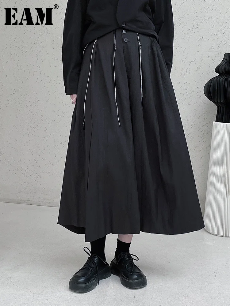 

[EAM] High Elastic Waist Black Topstitched Casual Button Half-body Skirt Women Fashion Tide New Spring Autumn 2023 1DF3764