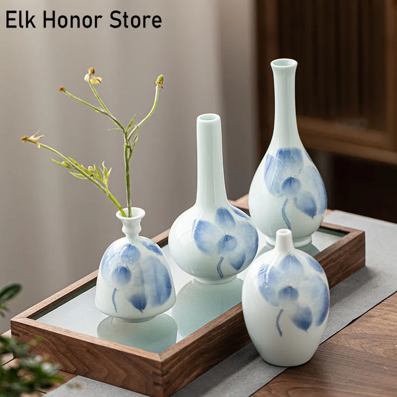 Туманная синяя керамическая ваза для цветов ручной росписи домашнее украшение