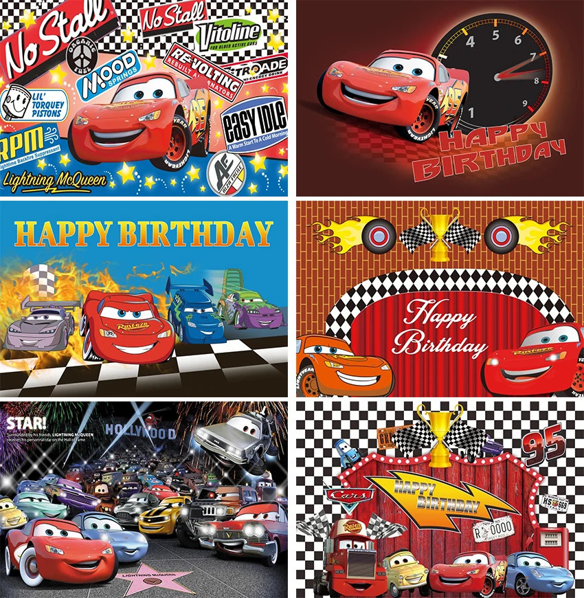 

Cartoon Car Mobilization Birthday Party Backdrops Car Racing Story Black White Grid Red Photo Backgrounds for Photography