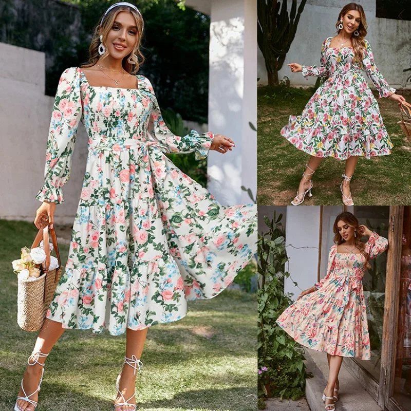 

2023 Summer New Square Neck Flare Long Sleeve High Waist Dress Loose Fit Long Dress