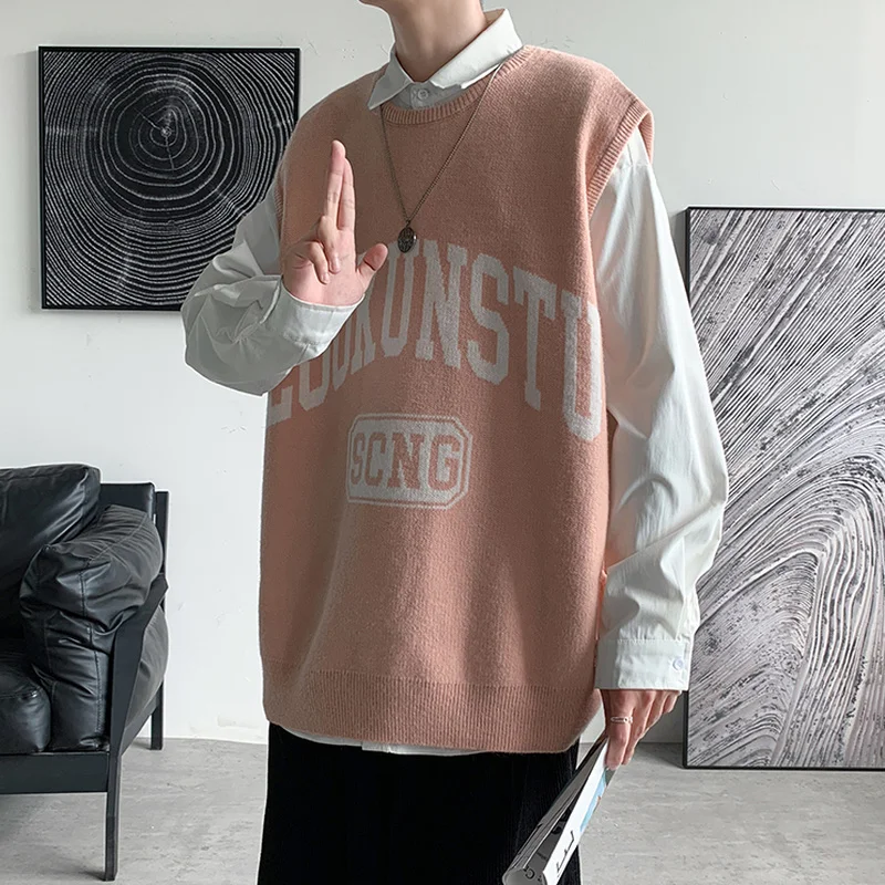 

E BOY Simple Letter Sweater Vests Men Oversize Retro Students O-neck Daily Autumn Outwear Knitted Hombre Couple Chic