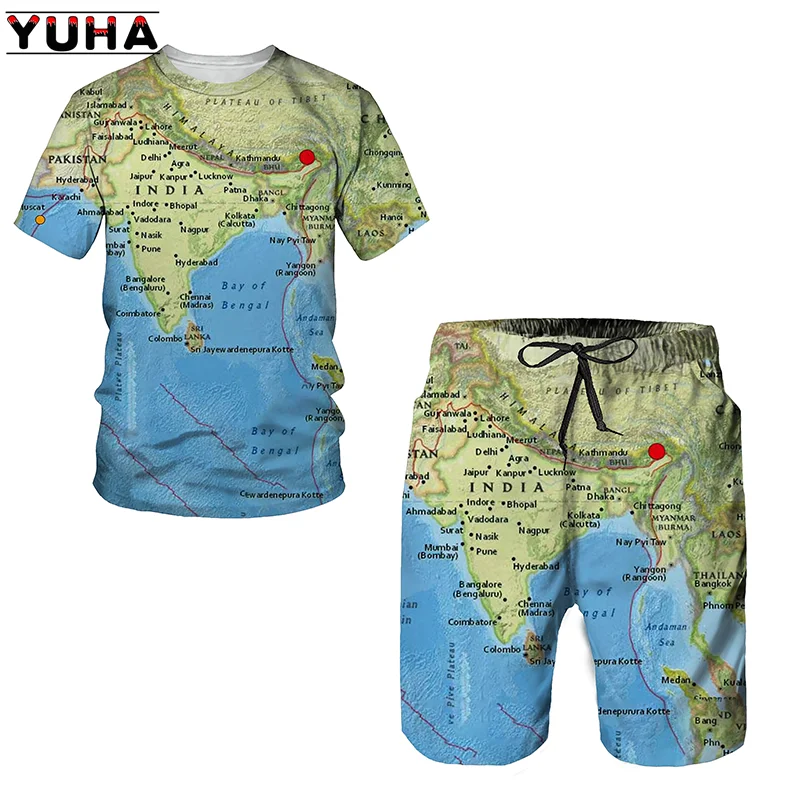 Yuha,map Printing New Summer 3d Casual Men Short Sleeve T-shirts +shorts Male O Neck Top Tracksuit Set Men's Clothing 2 Pieces