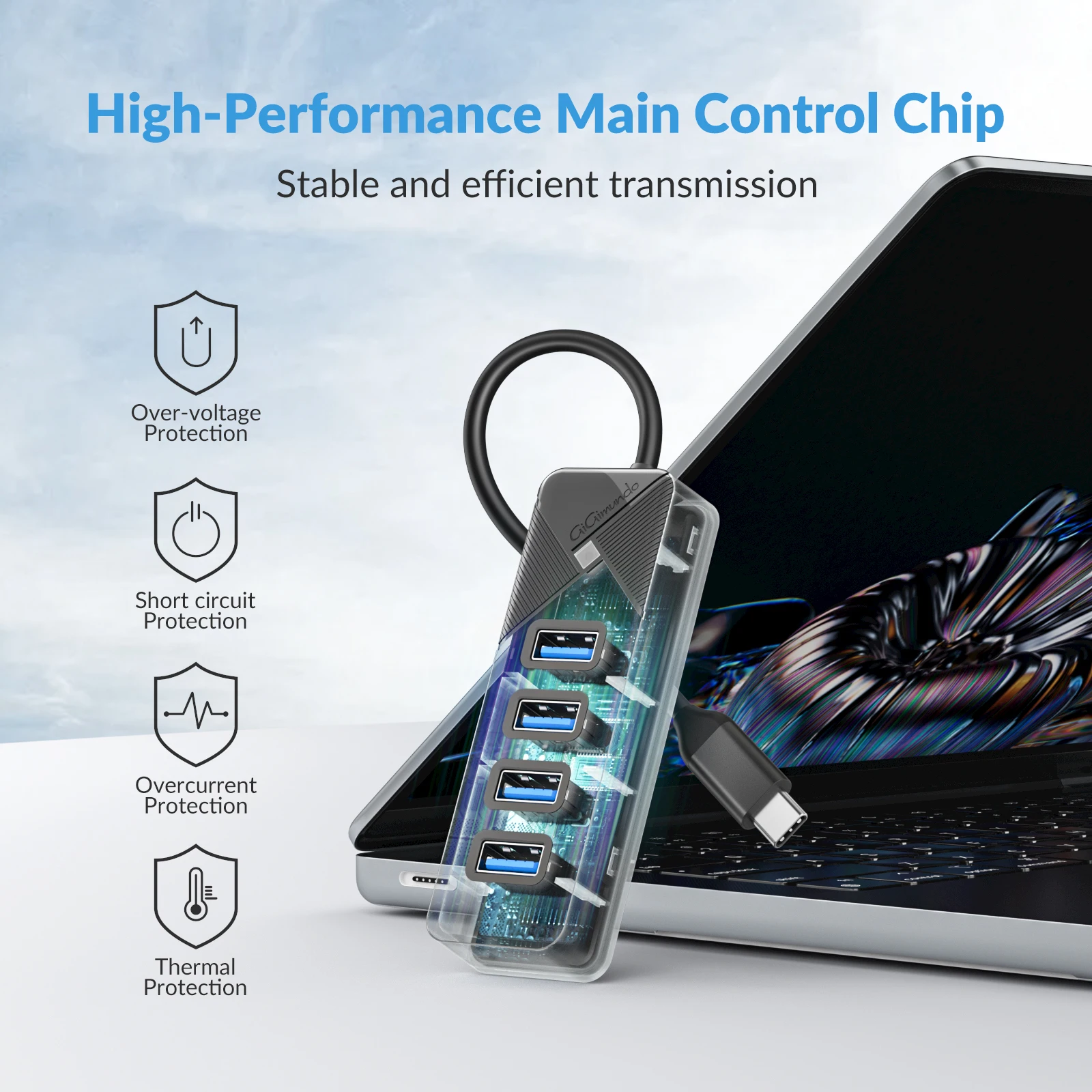 Фото USB 3.0 HUB, высокоскоростной USB-разветвитель с 4 портами USB-A и 1 портом Type-C, 5 Гбит/с, многопортовый USB-адаптер для ПК, компьютерных аксессуаров, ноутбуков №5