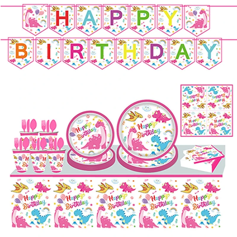 

Cute Pink Dinosaur Party Birthday Set Little Girl Themed Decorative Shower Cartoon Dinosaur Paper Cups Paper Plates