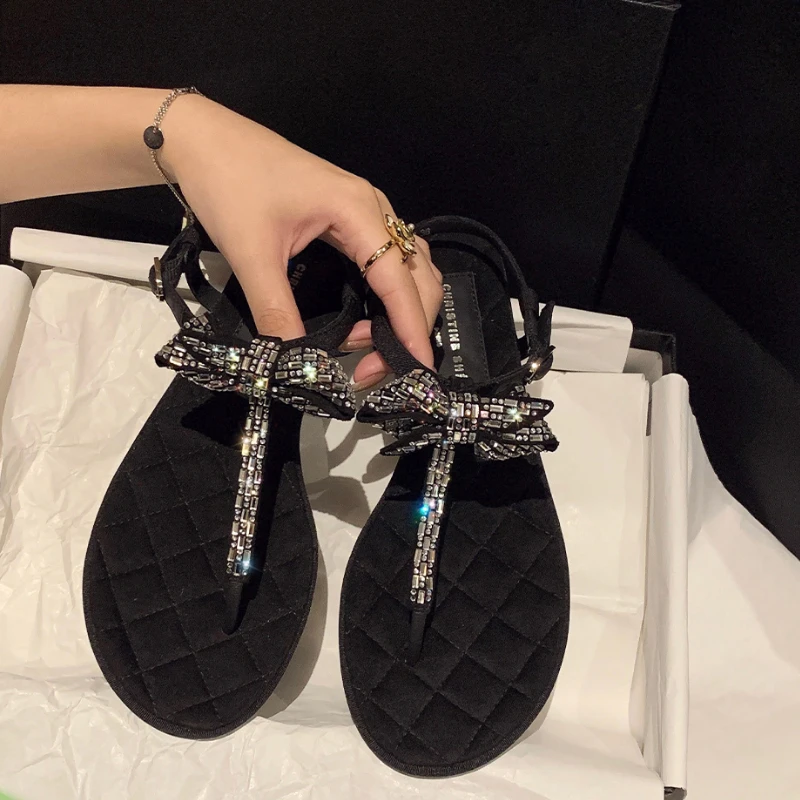 

Women's shoes summer one word with new rhinestone bow open shoes women's shoes casual flip flops fashion holiday shoes