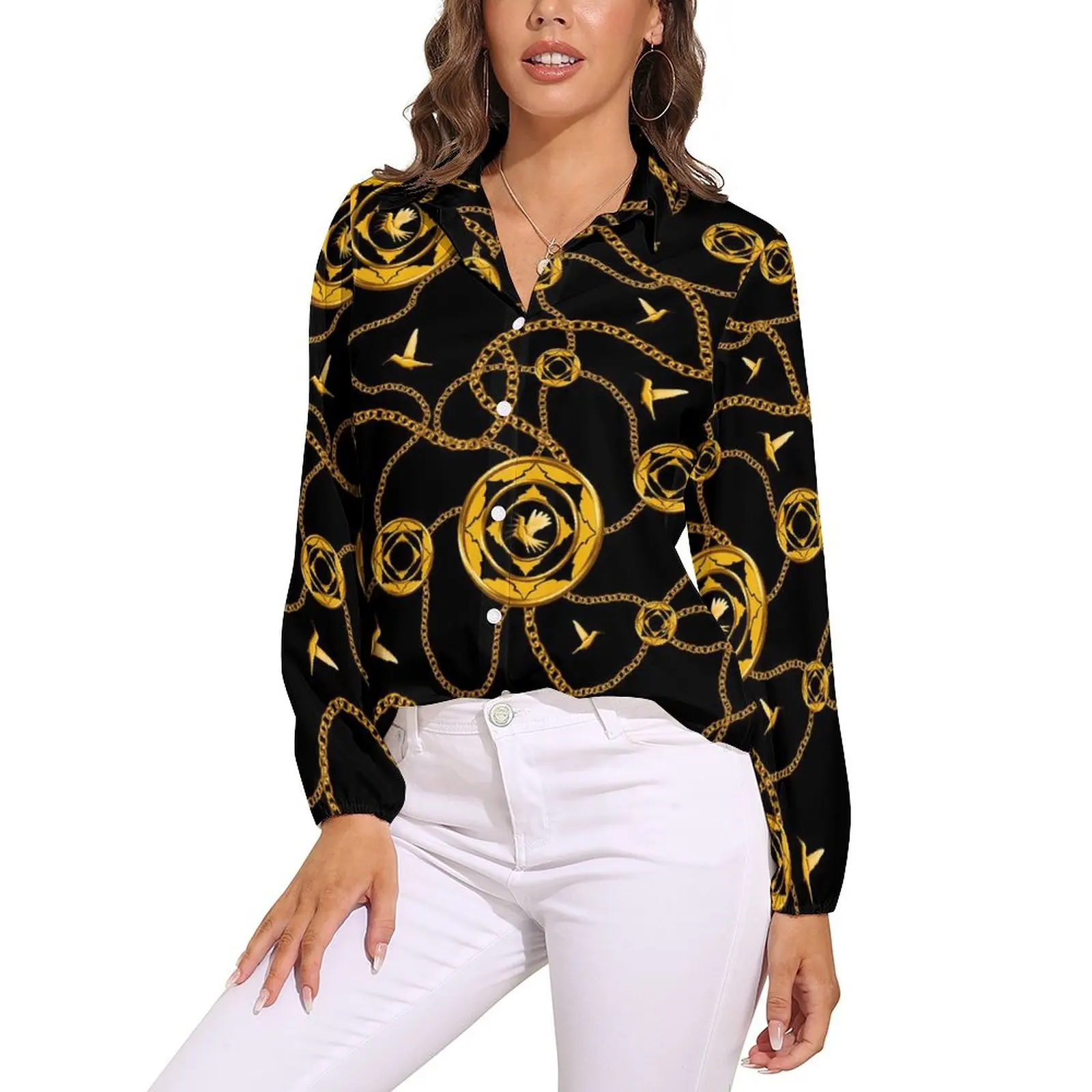 

Chain Print Loose Blouse Golden Design Classic Oversized Blouses Women Long Sleeve Trendy Shirt Summer Custom Tops