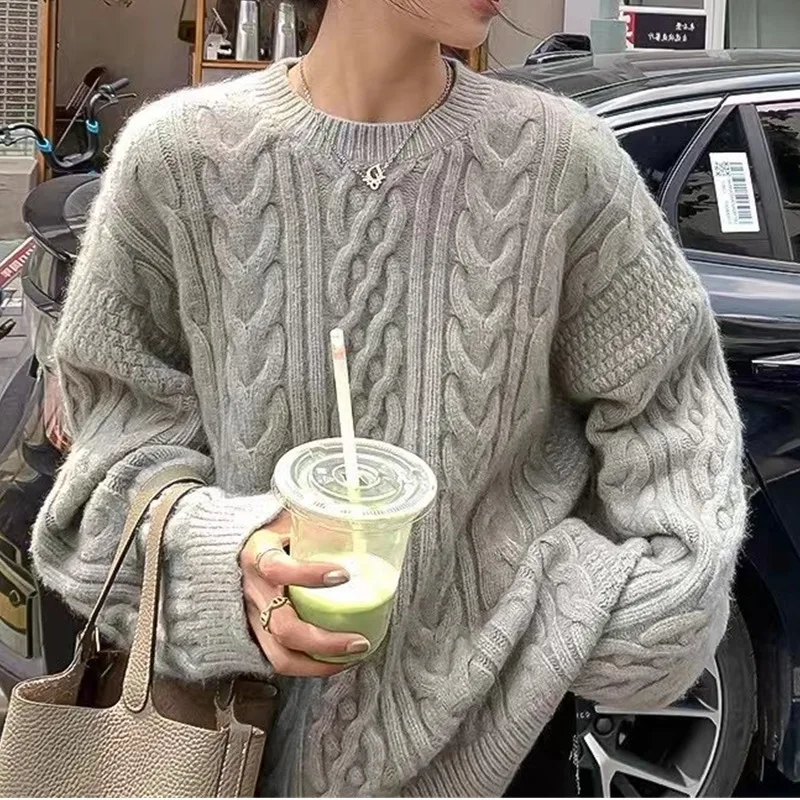 

Pullover twist sweater women's new loose and languid style soft crewneck knit top for autumn and winter